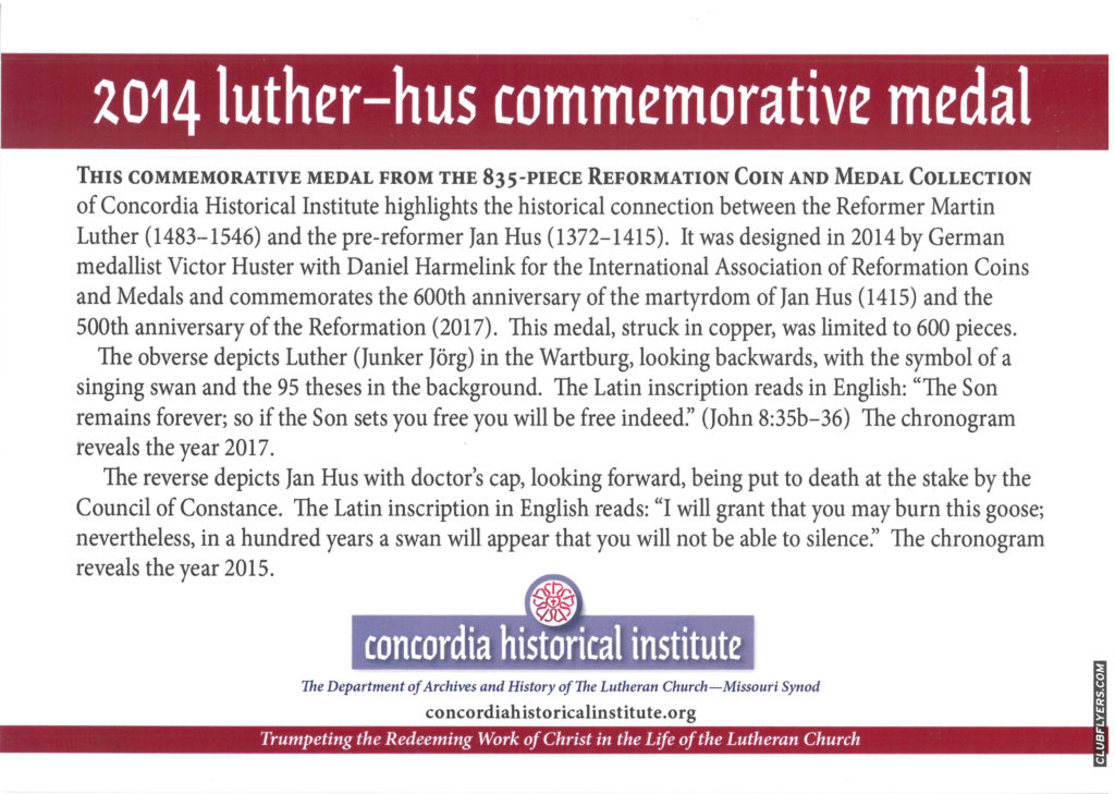 2014 Luther-Hus Commemorative Medal Description