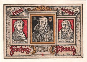 A piece of German paper money from 1921. In the center is a black and white woodcut-style portrait of Martin Chemnitz.