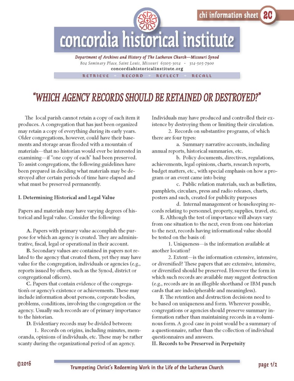 Information Sheets Concordia Historical Institute