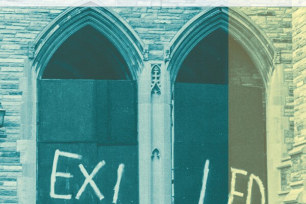 Book cover of Rediscovering the Issues Surrounding the 1974 Concordia Seminary Walkout, featuring a photo from the Walkout: the doors underneath Luther Tower are boarded up, with "EXILED" written across them in white paint.