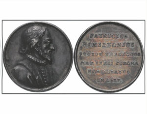 Image of the front and back of a commemorative medal of Patrick Hamilton, martyr. Oxidized bronze. Full description of coin in body of text.