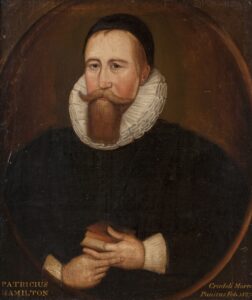 Oil painting portrait of Patrick Hamilton, martyr, wearing a fur coat and a ruff collar, holding a Bible.