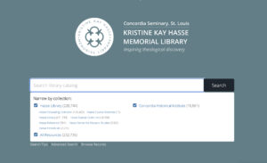The homepage of Concordia Seminary Library, which includes the holdings of Concordia Historical Institute